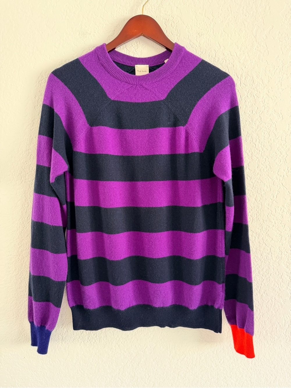 Paul Smith Purple and navy Striped Crewneck cashmere Sweater with Red Cuff Accen